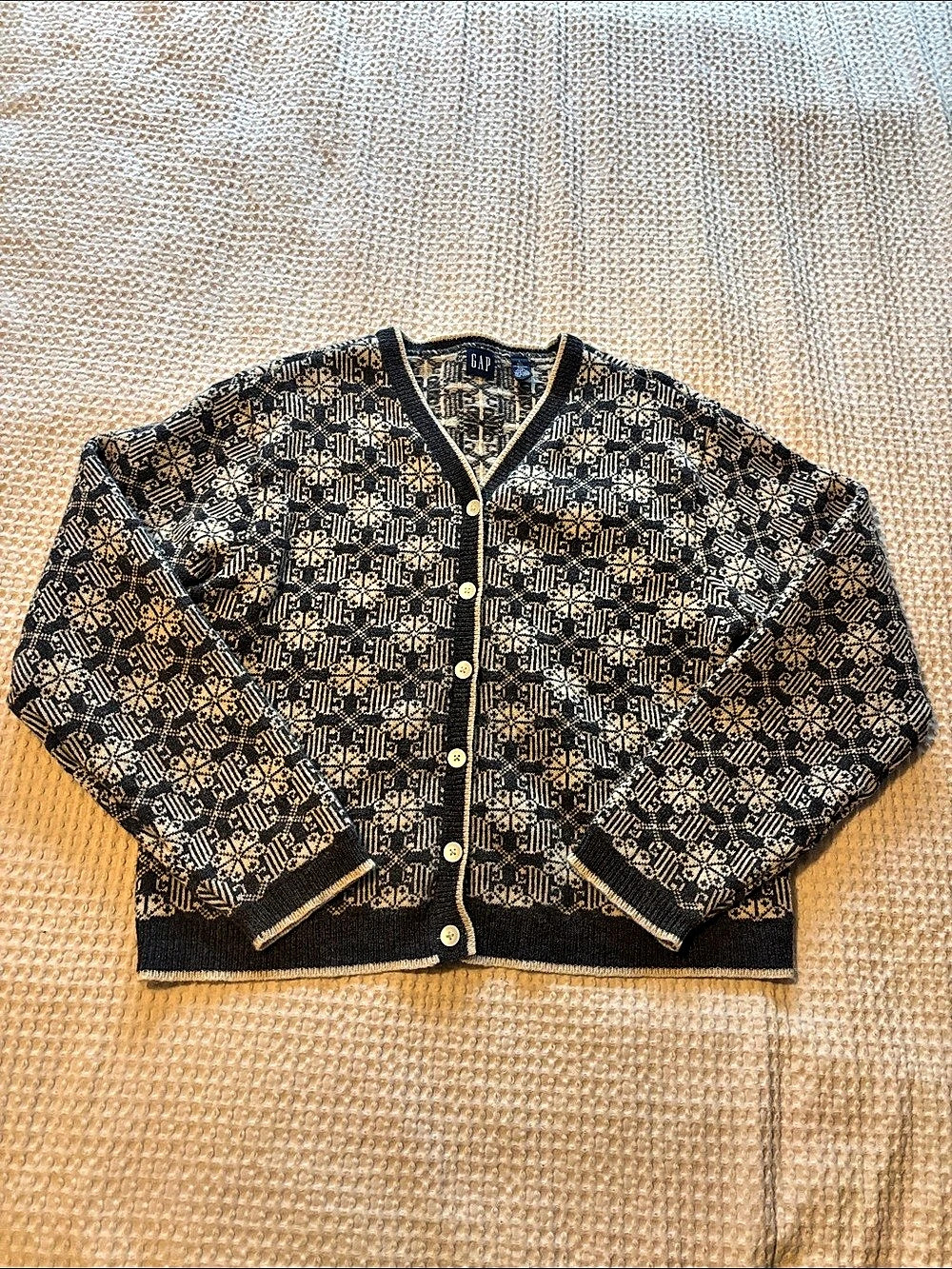 Vintage 90’s GAP Lambswool Geometric Knit Cardigan Large Cottagecore